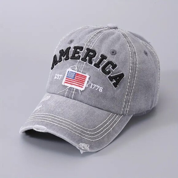 Gray American Distressed Baseball Cap, 1776‎ American Flag USA, Men's Women - Picture 2 of 5